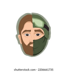 Vector Portrait Of A Soldier.  War Veteran Has Depression, Mental Health, Emotional Problems, Post-traumatic Stress Disorder, Rehabilitation.