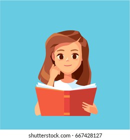 Vector portrait of student girl exitedly reading book with pleasure with her hand under cheek, she supports her chin. Preparation for examinations, exams.