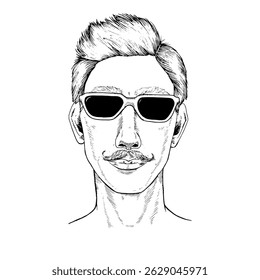 Vector portrait of a stylish man with mustache and sunglasses. This monochrome line art sketch captures a confident, retro hipster look. Perfect for barbershop, fashion, or vintage themes