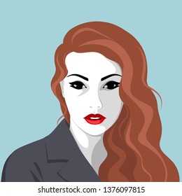 Vector portrait of stylish serious young woman with long hair wearing coat or jacket