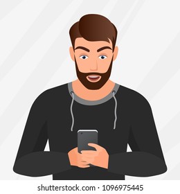 Vector portrait of surprised handsome young man with mobile phone.