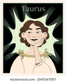 Vector portrait of Taurus zodiac sign as a serene woman with floral details and earthy tones. Ideal for horoscope designs, mystical themes, or zodiac sets.