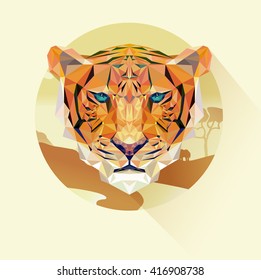 Vector portrait of tiger polygonal style. Triangle illustration logo jungle animal for use as a print on t-shirt and poster. Geometric low poly tiger design.