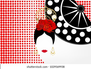 Vector Portrait of traditional Latin or Spanish woman dancer , Lady with gold accessories peineta, earrings and red flower , Flamenco Icon with traditional fan. Red polka dot background