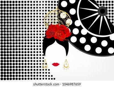 Vector Portrait of traditional Latin or Spanish woman dancer , Lady with golden accessories peineta, gold earrings and red flower , Flamenco Icon with traditional hand fan. Black polka dot background