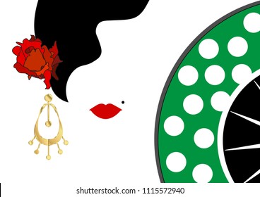 Vector Portrait Of Traditional Latin Or Spanish Woman Flamenco Dancer And Gold Earring, Lady With  Accessories Folding Fan And Red Rose , Icon Hair Style Vector Isolated