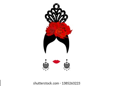 Vector Portrait of traditional Latin or Spanish woman dancer , Lady with traditional accessories peineta, earrings and red flower , Flamenco Icon isolated