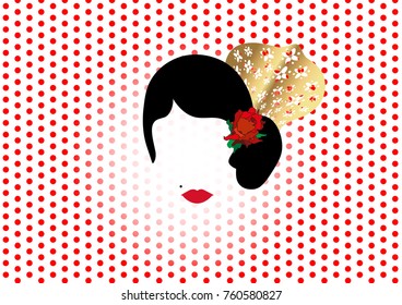 Vector Portrait of traditional Latin or Spanish woman dancer , Lady with gold accessories peineta and red flower , Icon isolated or red polka dot background