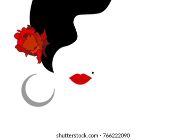 Vector Portrait of traditional Latin or Spanish woman dancer , Lady with  accessories and red rose , Icon hair style vector isolated