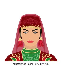 Vector portrait of a Turk woman in festive national clothes.Illustration in a flat style isolated on a white background.	