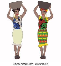 Vector portrait of  Two African beautiful women with basket, in a colorful clothes. Full length portrait 