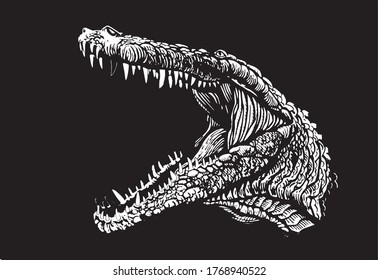 Vector portrait of Tylosaurus dinosaur roaring isolated on black background,engraved illustration