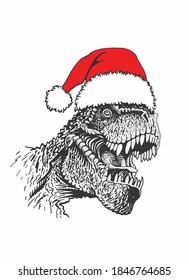 Vector portrait of  tyrannosaurus in Santa Claus hat isolated on white background, new year illustration