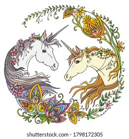 Vector portrait of unicorns with flowers in circle composition. Coloring book pages for adults and kids.T angle Illustration. Boho. For T Shirt, stickers, design and tattoo.