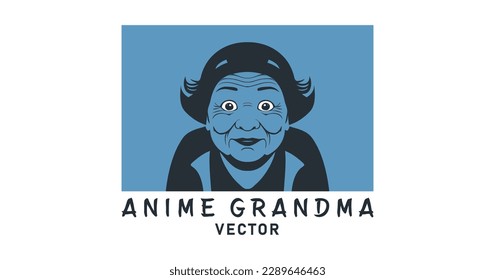 Vector portrait of an unusual blue elderly Japanese anime sorceress grandmother in a square. White isolated background. Logo, stiker or icon.