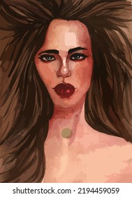 Vector Portrait In A Watercolor Style. Lioness Girl. Feminist Woman. Strong Woman. Amazon Woman.