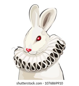 Vector portrait of the white rabbit. Red-eyed rabbit in the ruff collar.  Alice from Wonderland character illustration.