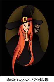 Vector portrait of a witch with an owl on her shoulder