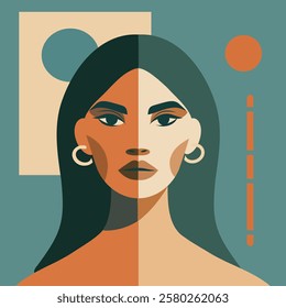 Vector portrait of a woman in an abstract flat style. Abstract design with geometric shapes, trendy colors symbolize female strength and freedom. Ideal for modern graphics and design