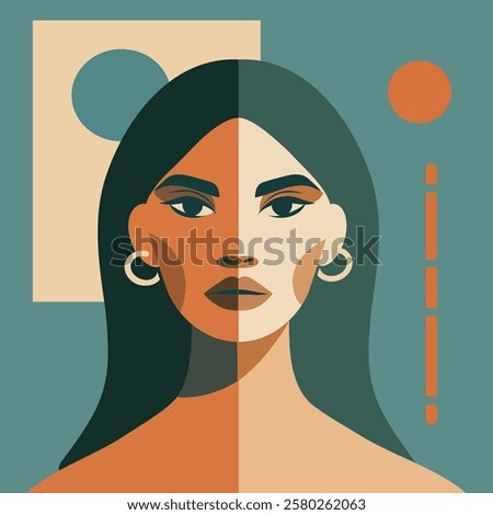 Vector portrait of a woman in an abstract flat style. Abstract design with geometric shapes, trendy colors symbolize female strength and freedom. Ideal for modern graphics and design
