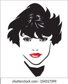 Vector. Portrait of woman. Art illustration of a pretty girl with red lips. (Conceptual illustration for makeup, beauty, fashion, hairstyle).