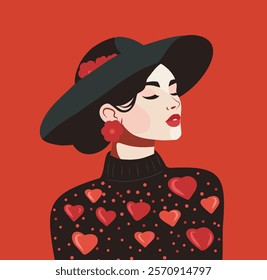 Vector portrait of a woman. Elegant illustration of a stylish woman in a hat on a bright red background. Modern fashionable image of a beautiful woman, for fashion projects, design, website, postcard