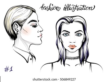 Vector portrait of woman, fashion illustration. Blonde short hair girl and brunette long hair girl with make up.