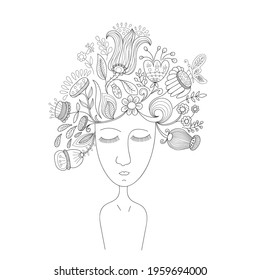 Vector Portrait of  a Woman with Floral Wreath and Closed Eyes. Colouring Page