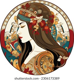 Vector portrait of woman with flowers in hair, art nouveau style