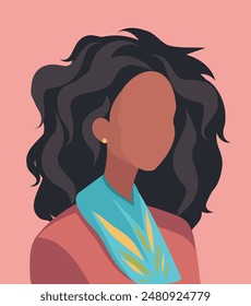 Vector portrait of a woman girl no face. Brunette Afro dark skin color. Flat vector avatar icon for social networks