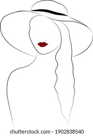 vector portrait of woman with hat and red lips in a minimalist line art style. For blogs, postcards, logos, design, for beauty salons
