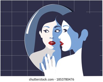 Retrato vectorial de una mujer y su reflejo facial asustado/sorprendido en un espejo. Concepto de reflexión. Ilustración vectorial de diseño plano. Estilo minimalista. 