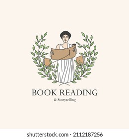 Vector portrait of woman reading paper. Beautiful woman in the classic vintage design with laurel wreath and books. Storytelling woman illustration. Creative education concept