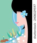 Vector portrait of a woman relaxing at a small water stream in nature, poster template with blank space for copy and design, minimal graphic design style with flat color.