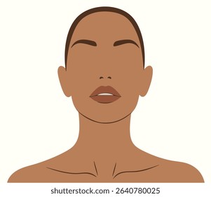 Vector portrait of a woman's face with a calm, neutral expression. This flat design illustration offers a modern and minimalist representation. Perfect for beauty, wellness projects.