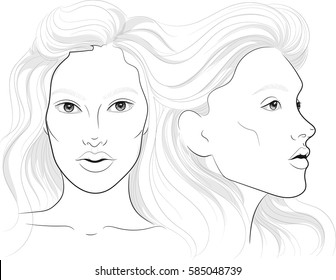 
vector portrait of a woman's profile and full face with long beautiful hair, facechart, face chart  for makeup