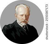 Vector portrait of the world-renowned composer Pyotr Ilyich Tchaikovsky, inspired by the painting of N. Kuznetsov, XIX century