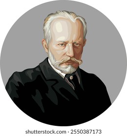 Retrato de Vector del compositor de renombre mundial Pyotr Ilyich Tchaikovsky, inspirado en el cuadro de N. Kuznetsov, siglo XIX