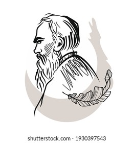 Vector portrait of the writer Leo Tolstoy. Famous Russian writer and thinker. Black and white sketch of a hand-drawn portrait.