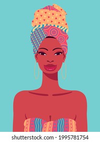 Vector portrait of young African American woman with multicolor head wrap and print dress. Happy beautiful black woman.