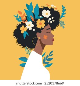 Vector portrait young african american woman with flowers in hair on bright yellow background. Happy women's day. Feminism concept, women empowerment, gender equality. Happy mother's day