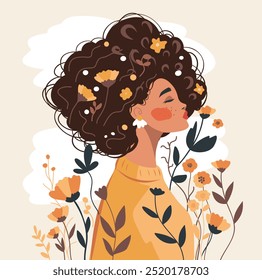 Vector portrait young african american woman surrounded by flowers and flowers in hair on gentle pastel pink beige background. Happy women's day. Feminism concept, women empowerment, gender equality.