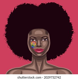 Vector portrait of young beautiful African American woman with face painting on the cheek depicting venus symbol in rainbow colors of lgbt flag
