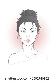 Vector portrait of young beautiful Asian woman with a high hairstyle on a white background.