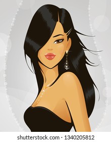 Vector Portrait of a Young Beautiful Brunette Wearing a Dark Dress. 
