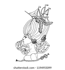 Vector portrait of young beautiful girl with complex hair style with ship in rococo view.