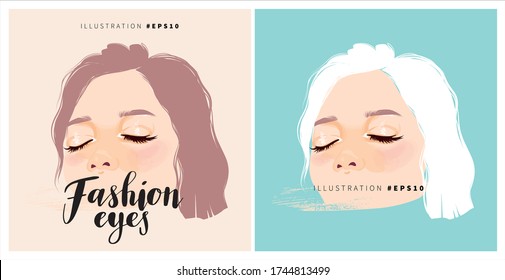 Vector portrait of a young beautiful girl with closed eyes. Romantic fashion print. Modern trendy illustration. Natural beauty and skin care concept design.