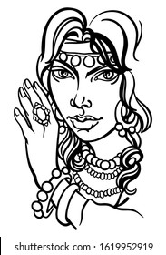 Vector portrait of young beautiful Gypsy woman. Holds hand up. Traditional dress and jewelry. Linear drawing in black and white colors, isolated. Folk style. Stock illustration.