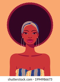 Vector portrait of young beautiful happy black woman with long curly hair. Cartoon style portrait of African American woman with headband, print dress and white hoop earrings.