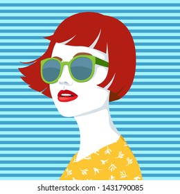 Vector portrait of young beautiful redhead woman with modern green sunglasses wearing yellow shirt with white floral pattern against blue striped background, simple vector illustration